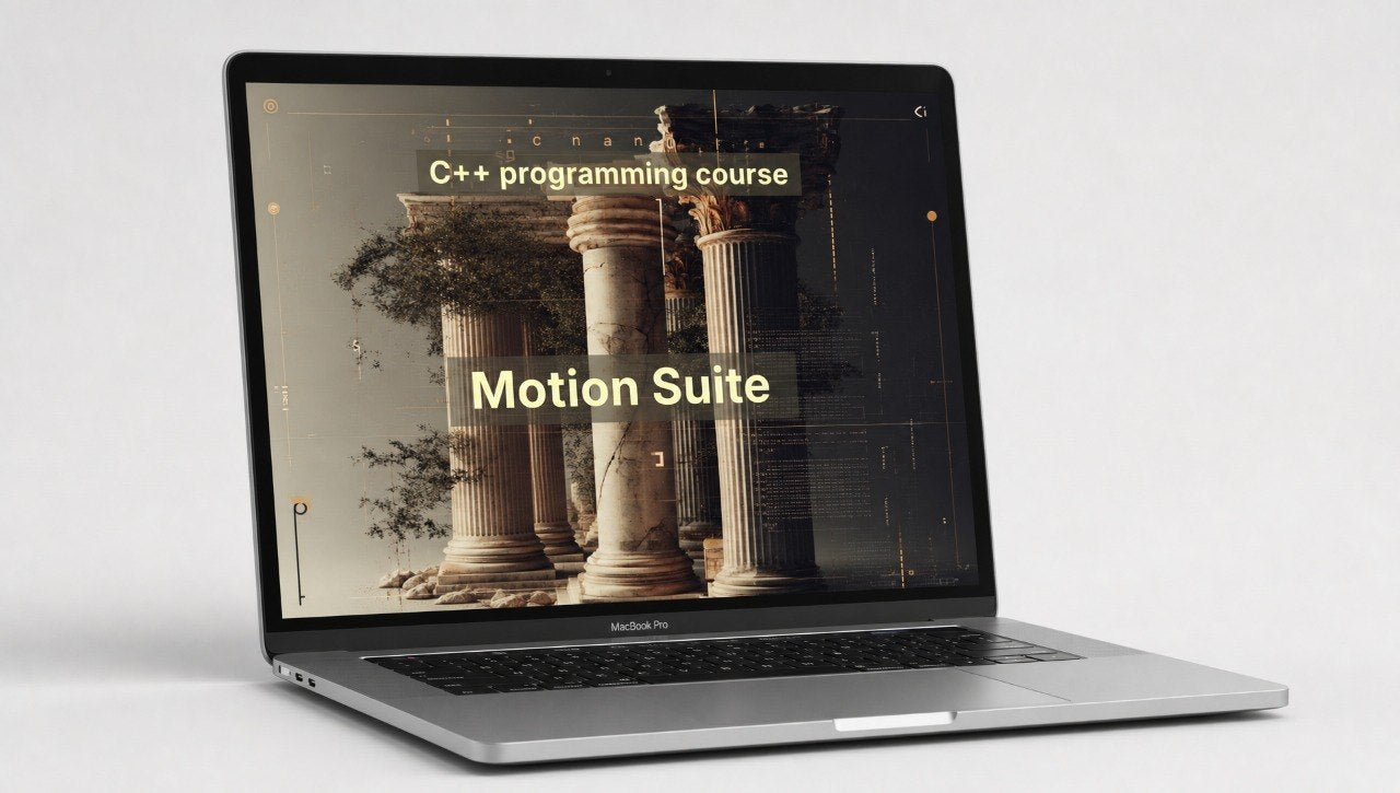 Laptop displaying a C++ programming course and Motion Suite on a white background