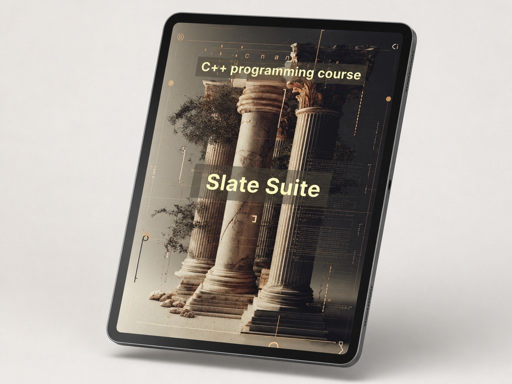 Tablet displaying a C++ programming course with 'Slate Suite' branding on a white background