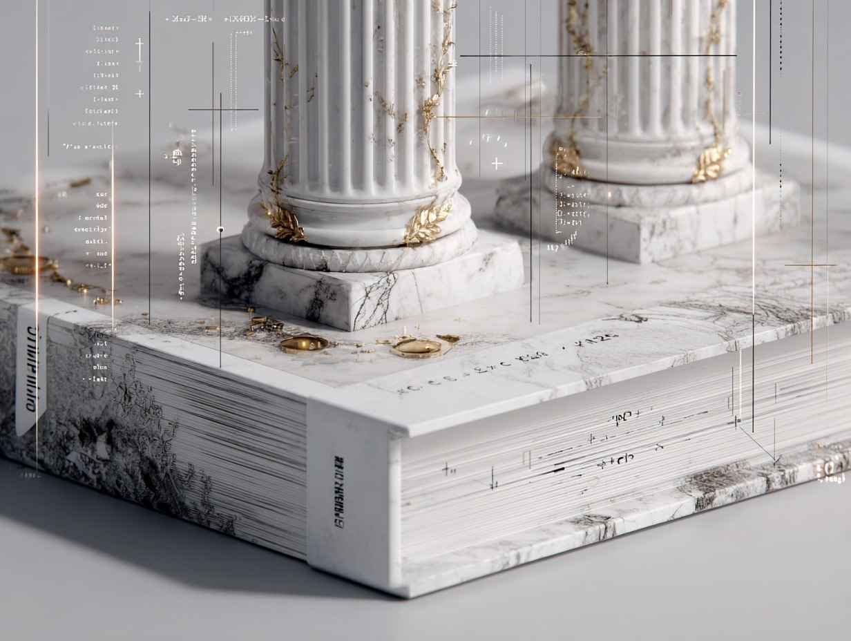 Marble book with classical columns design on a gray background