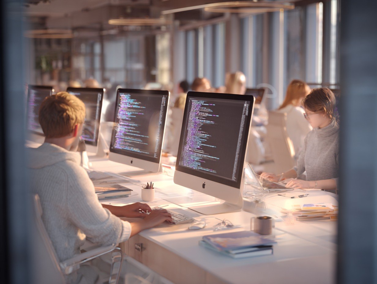 People working on computers in a modern office setting