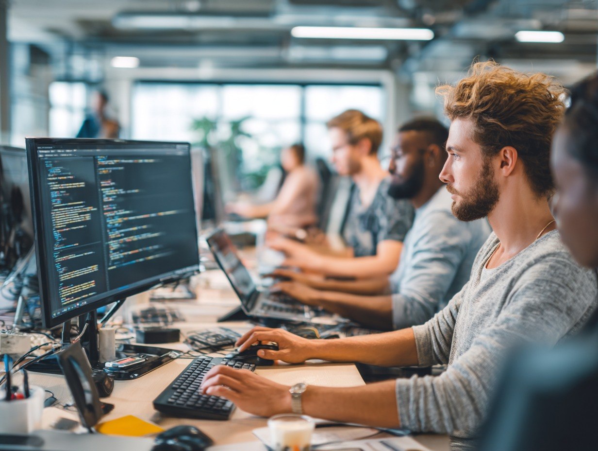 People working on computers in a busy office setting