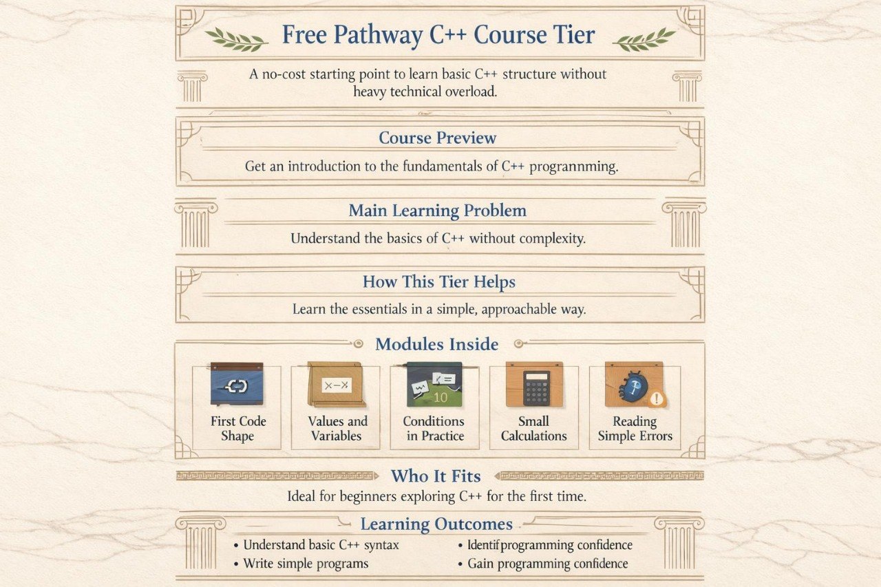 Free C++ course tier description with educational modules on a beige background