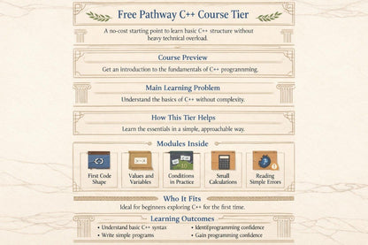 Free C++ course tier description with educational modules on a beige background