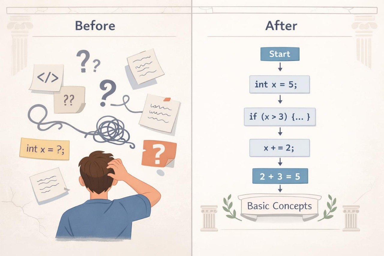 Illustration of a person struggling with programming concepts before and learning basic programming code afterward.