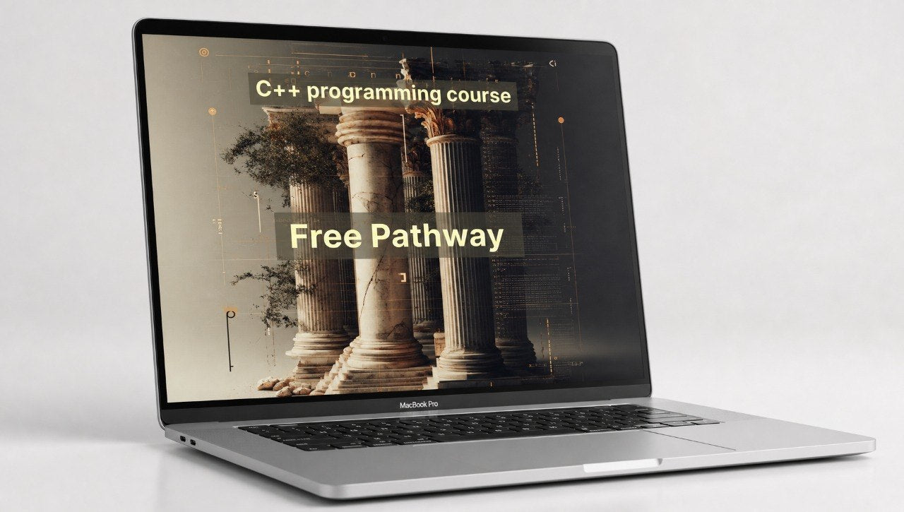 Laptop displaying a C++ programming course advertisement with classical columns on screen