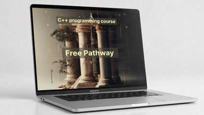 Laptop displaying a C++ programming course advertisement with classical columns on screen