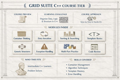 Grid Suite C++ Course Tier diagram with course elements and features.