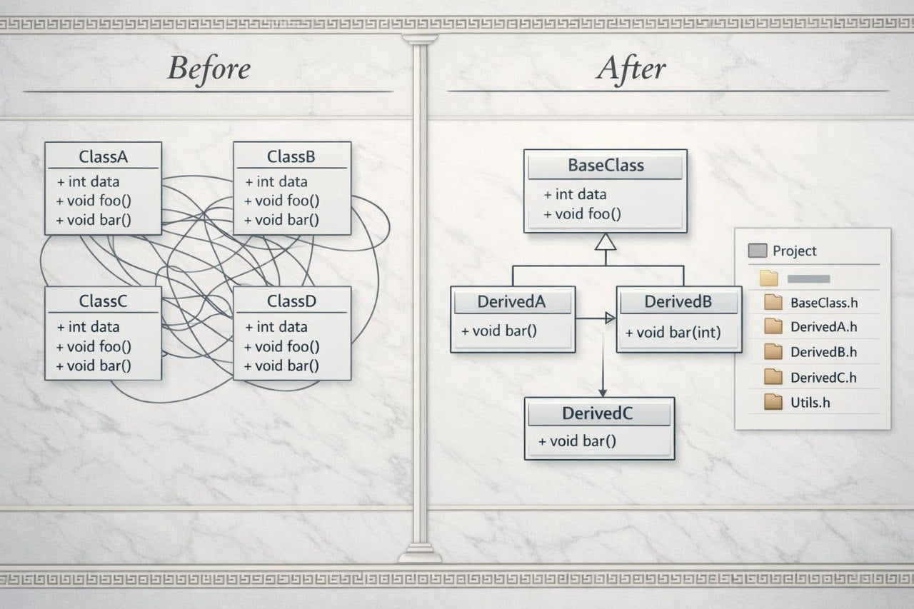 Comparison of class diagrams labeled 'Before' and 'After' on a light gray background.