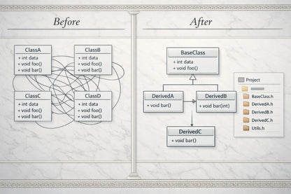 Comparison of class diagrams labeled 'Before' and 'After' on a light gray background.
