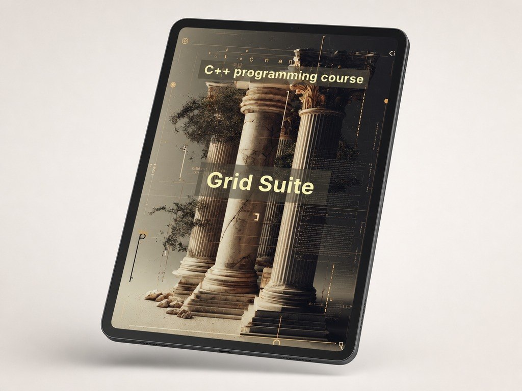Tablet displaying a C++ programming course with classical architecture design on a white background