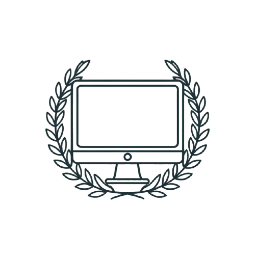 Icon of a computer monitor surrounded by a laurel wreath on a white background