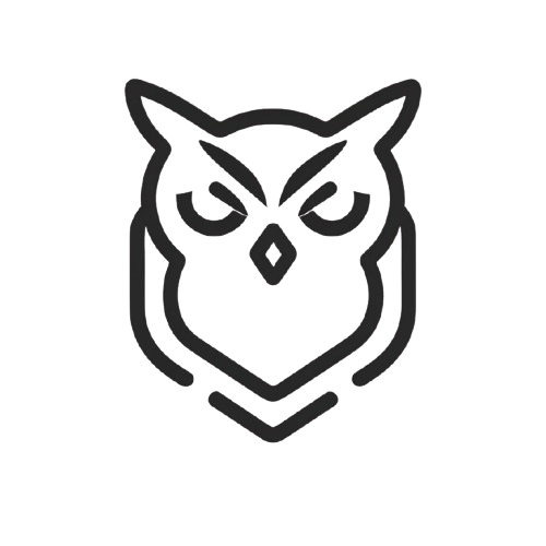 Black line drawing of an owl's face on a white background