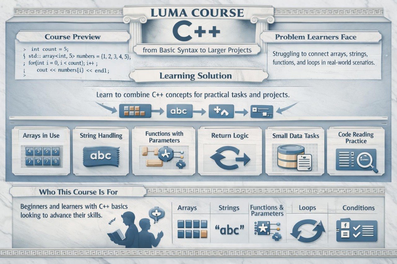 LUMA Course C++ infographic with course overview and learning solution.