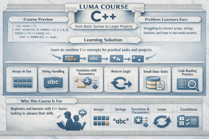 LUMA Course C++ infographic with course overview and learning solution.