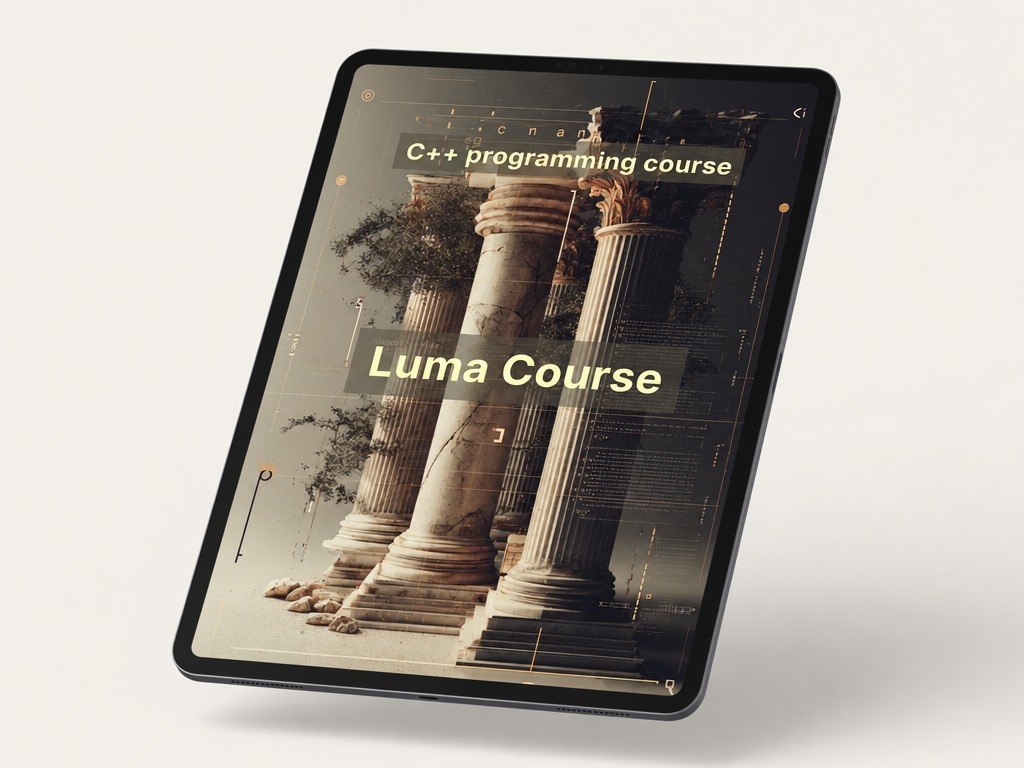 Tablet displaying a C++ programming course with classical architecture design on the screen.
