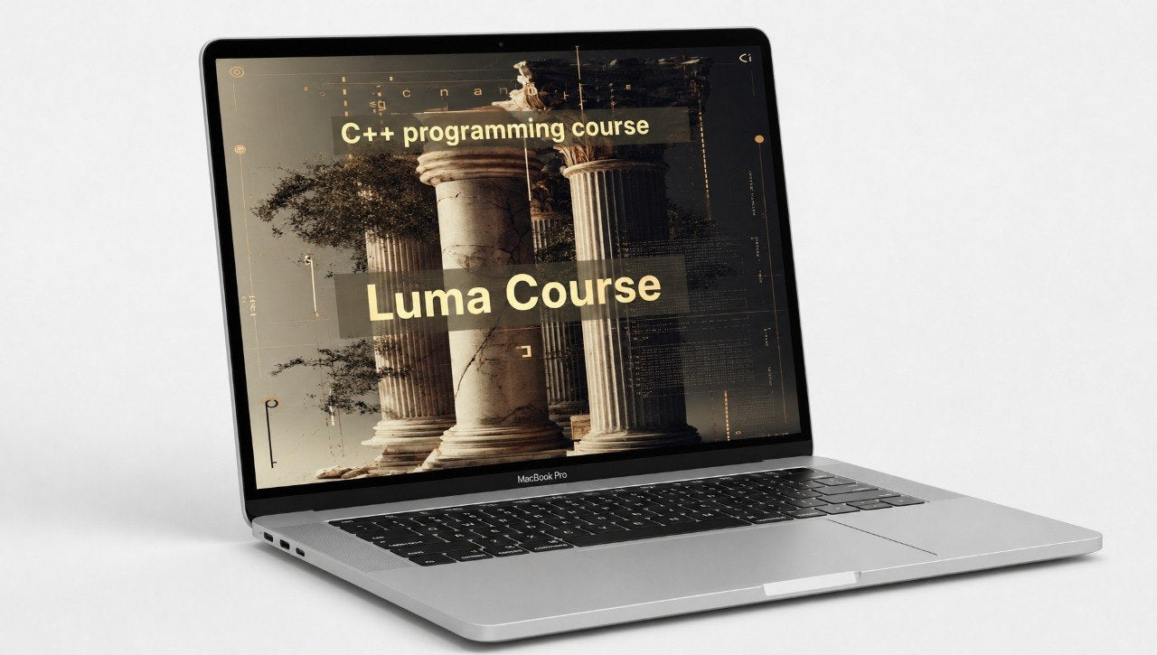 Laptop displaying a C++ programming course by Luma Course on a white background