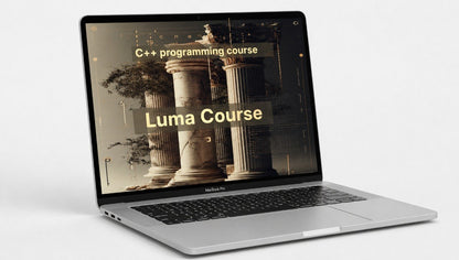 Laptop displaying a C++ programming course by Luma Course on a white background