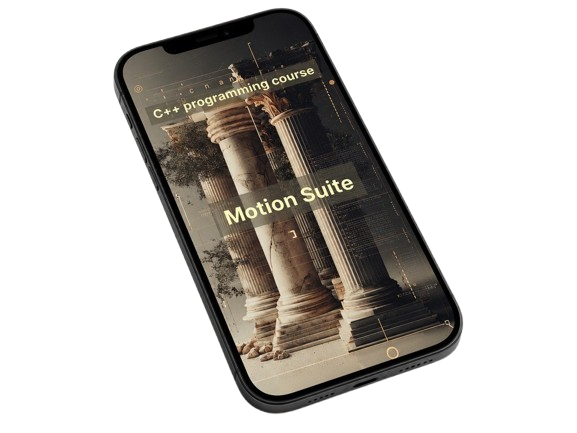 Phone displaying a C++ programming course with classical architecture design on the screen.