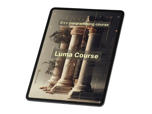 Tablet displaying a C++ programming course with classical columns design.