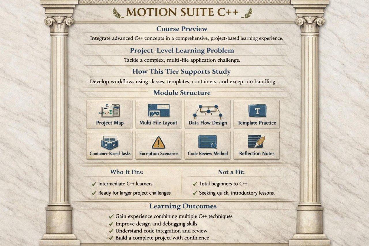 Course preview for Motion Suite C++ with module structure and learning outcomes on a stone wall background.