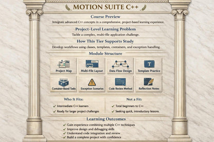 Course preview for Motion Suite C++ with module structure and learning outcomes on a stone wall background.