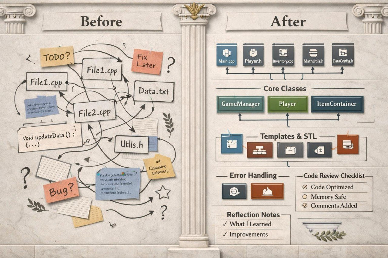 Before and after comparison of a code organization diagram on a textured wall background.