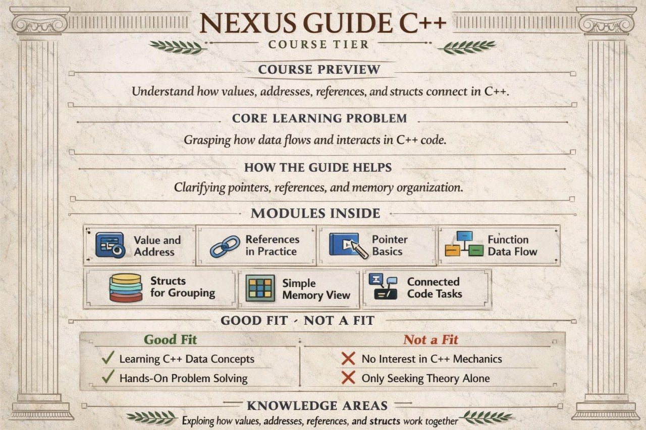 Nexus Guide C++ course preview with educational content on a beige background