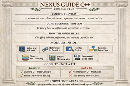 Nexus Guide C++ course preview with educational content on a beige background