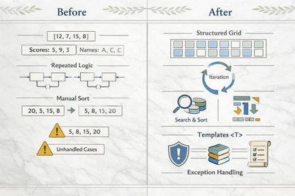 Comparison chart showing 'Before' and 'After' design with icons and text on a textured background.