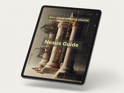 Tablet displaying a C++ programming course guide with classical columns on the screen.