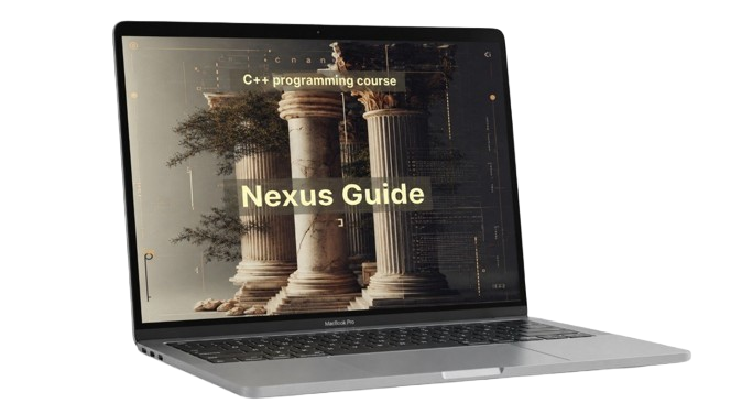 Laptop displaying a C++ programming course with 'Nexus Guide' on the screen.