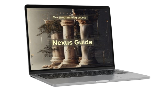 Laptop displaying a C++ programming course with 'Nexus Guide' on the screen.