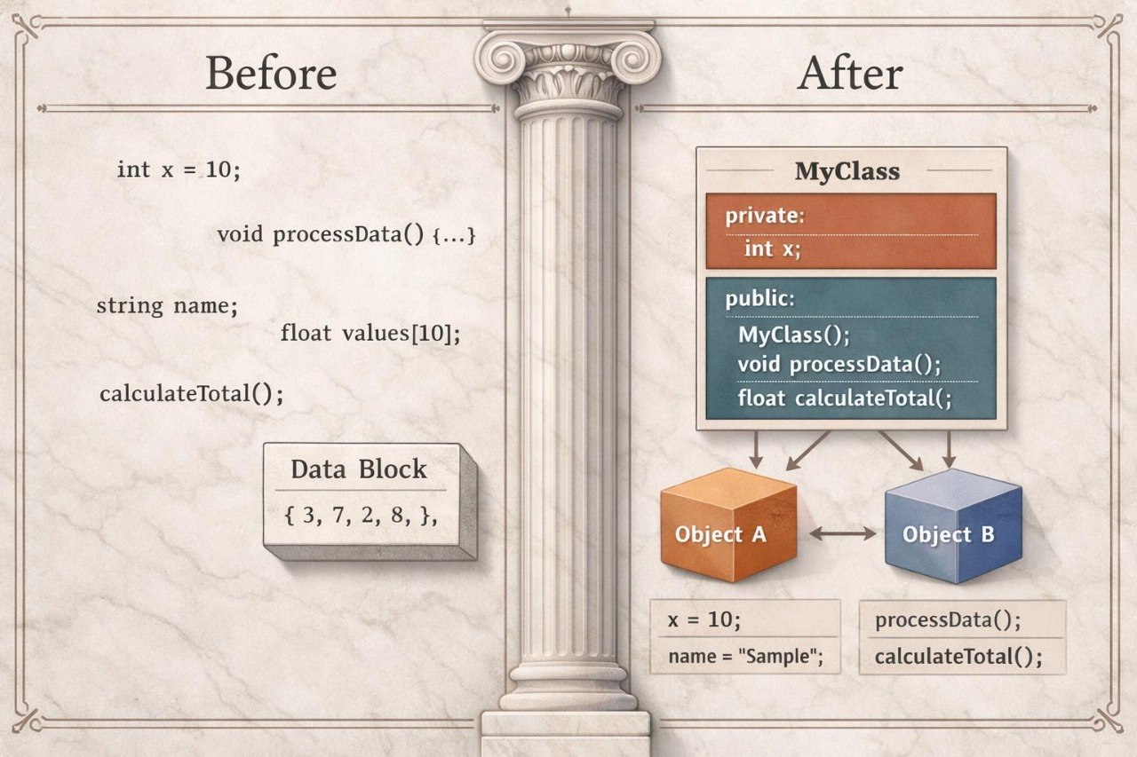 Comparison of code structure before and after object-oriented programming concepts, with a classical column design.