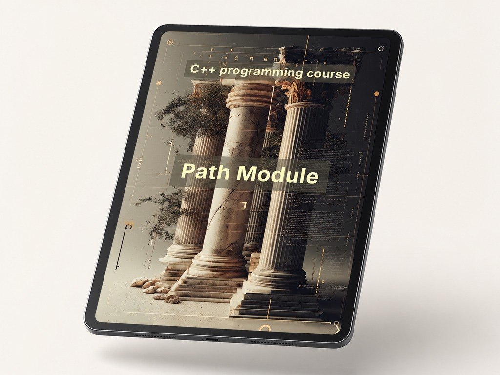 Tablet displaying a C++ programming course module with classical columns on the screen.