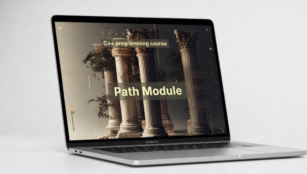 Laptop displaying a C++ programming course module on a white background