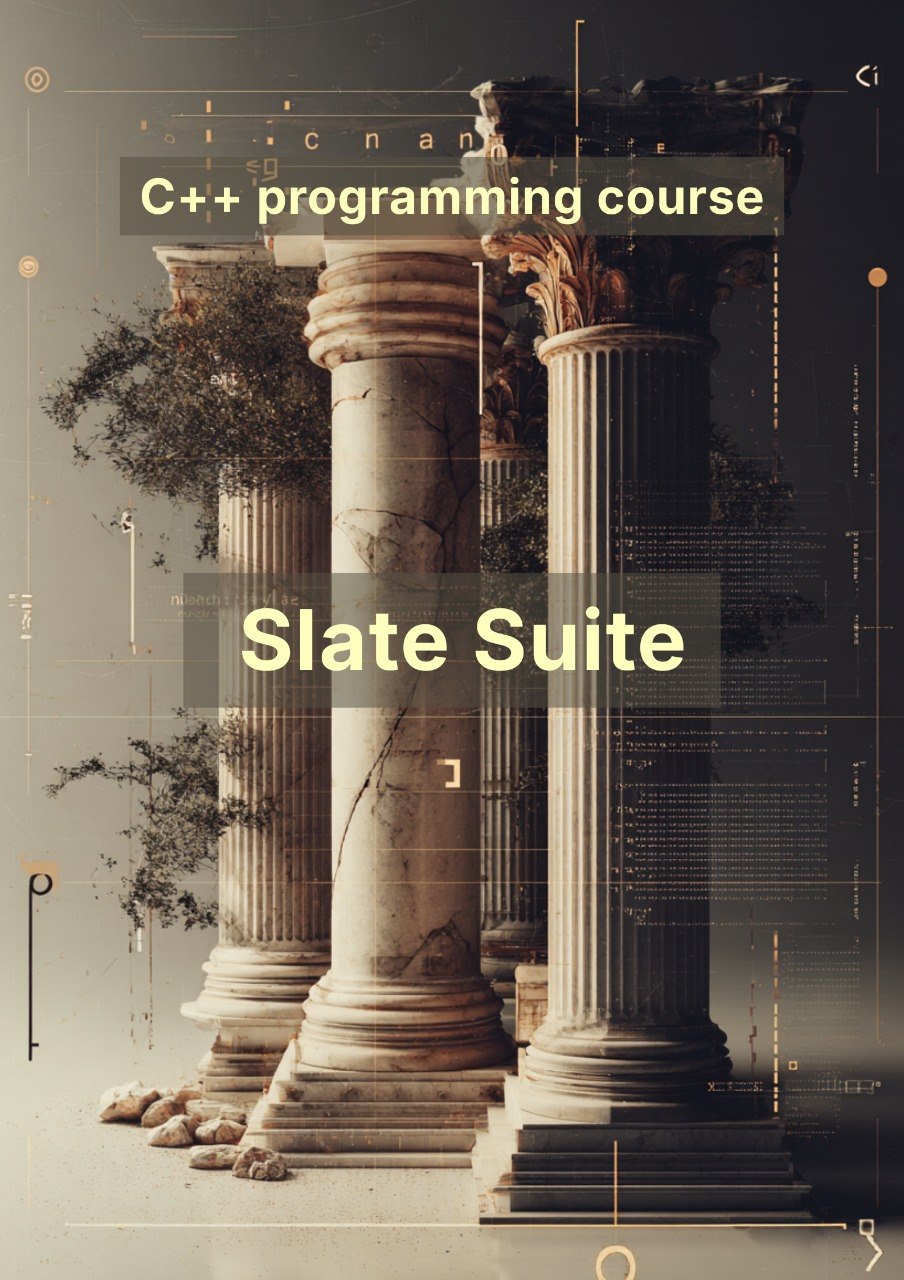 C++ programming course advertisement with classical columns and 'Slate Suite' text.