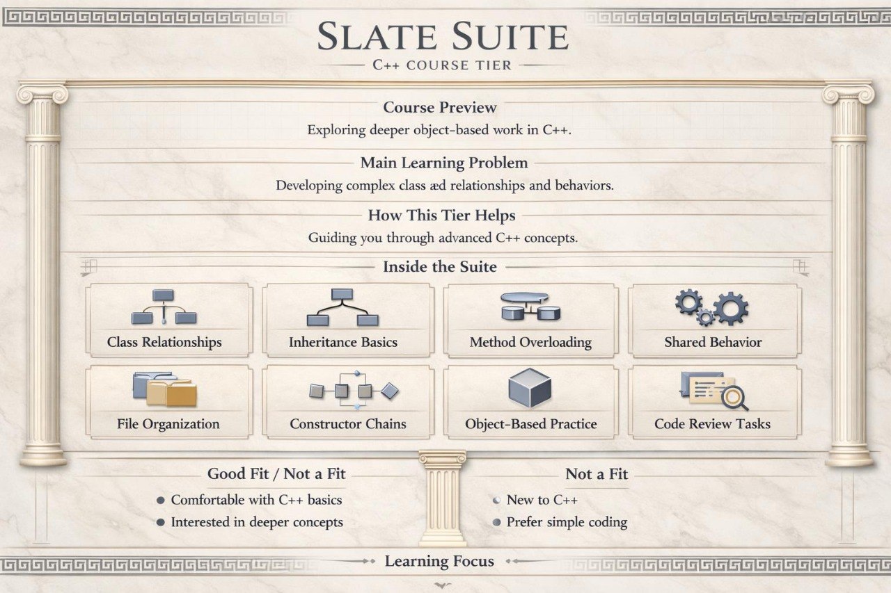 Slate Suite C++ Course Tier overview with educational icons and text.