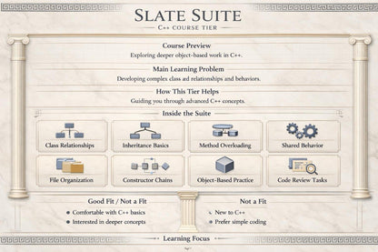 Slate Suite C++ Course Tier overview with educational icons and text.