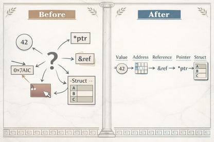 Comparison of programming concepts 'Before' and 'After' with text and diagrams.