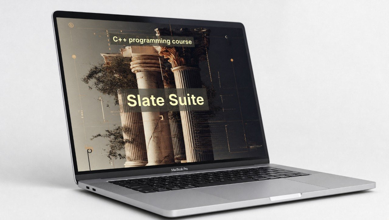 Laptop displaying a C++ programming course on Slate Suite with classical architecture image.