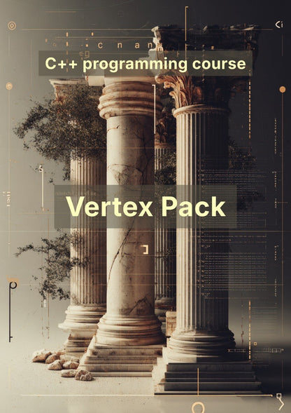 C++ programming course advertisement with classical columns and digital elements.