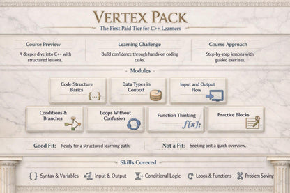 Vertex Pack course overview with modules and skills covered on a decorative background