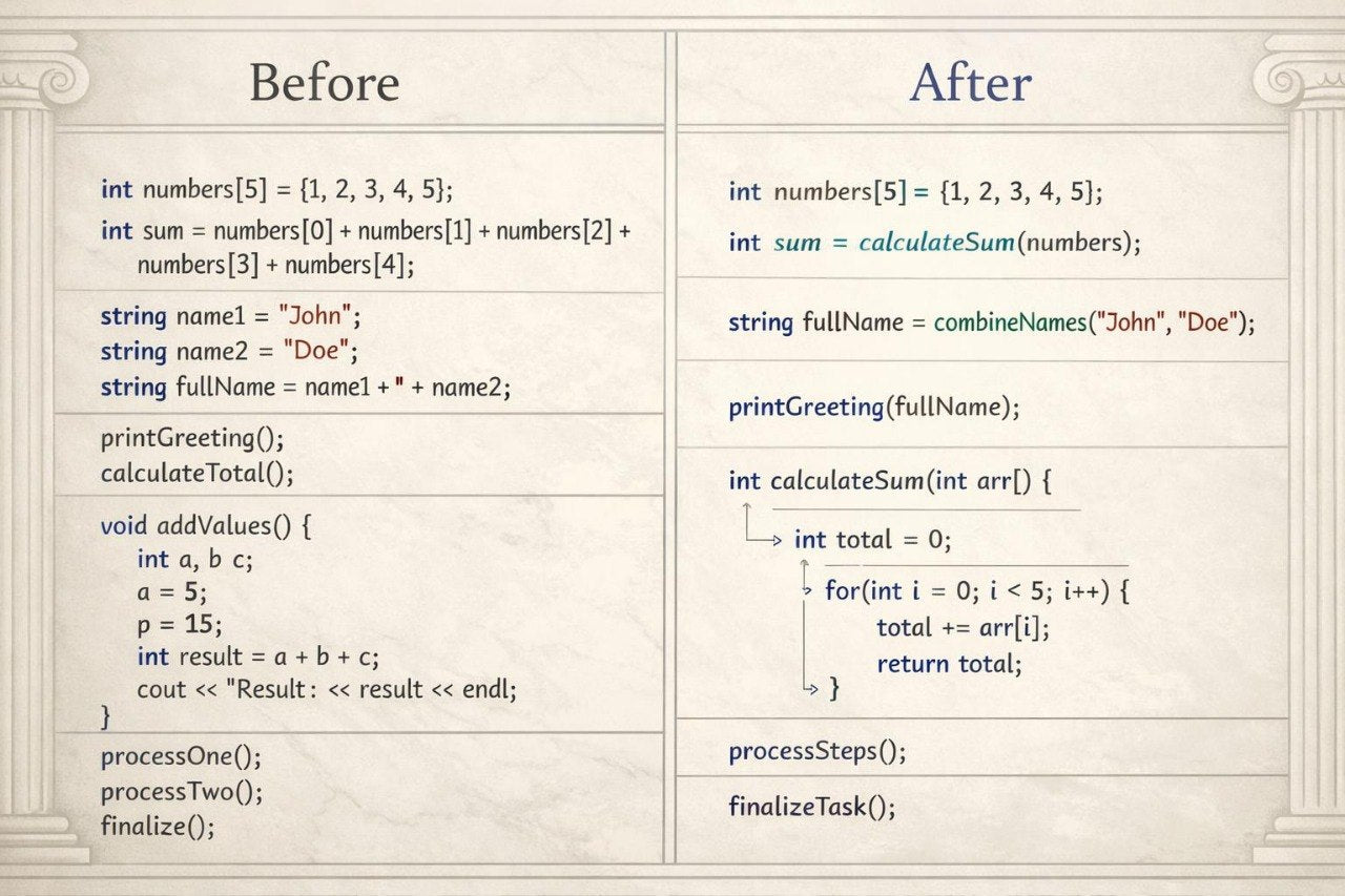 Comparison of code before and after refactoring on a beige background