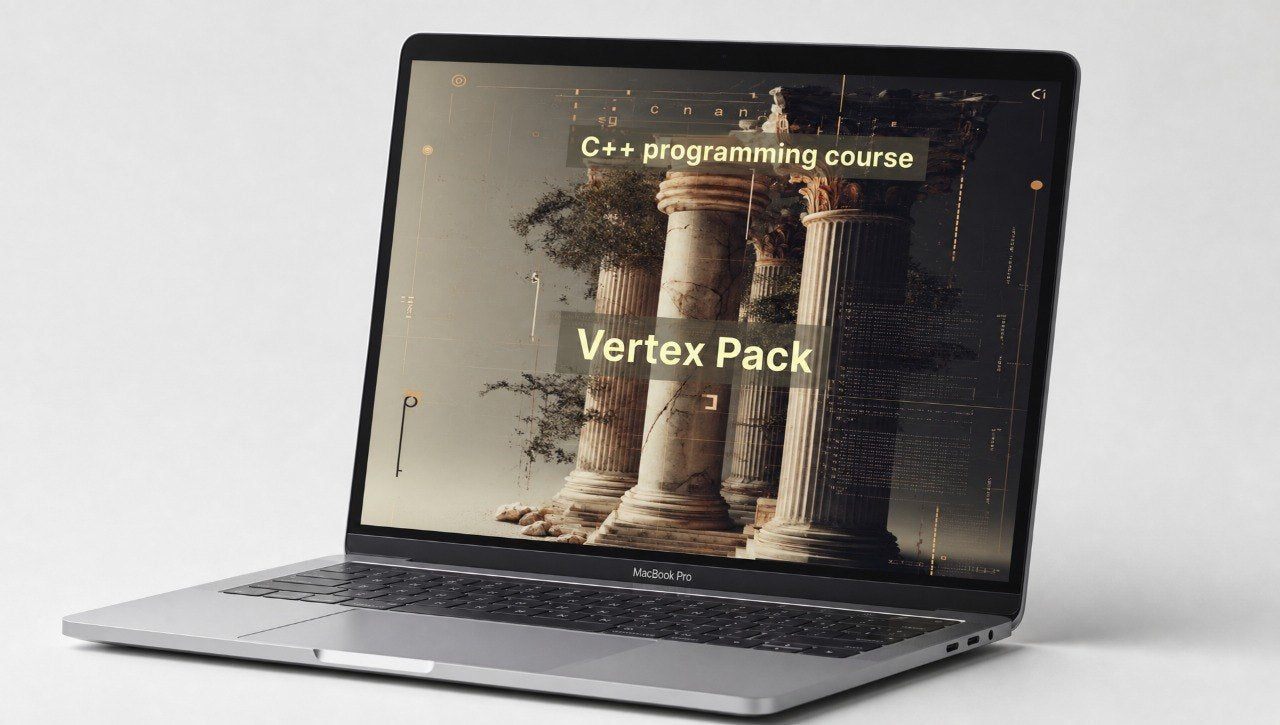 Laptop displaying a C++ programming course with 'Vertex Pack' text on a white background